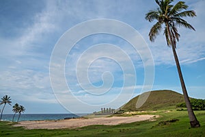 Ahu Nao-Nao Moais statues at Anakena beach at Easter Island, Rapa Nui National Park, Chile