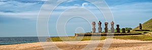 Ahu Nao-Nao Moais statues at Anakena beach at Easter Island, Rapa Nui National Park, Chile