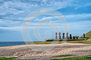 Ahu Nao-Nao Moais statues at Anakena beach at Easter Island, Rapa Nui National Park, Chile