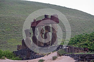 Ahu Nao-Nao Moais statues at Anakena beach at Easter Island, Rapa Nui National Park, Chile