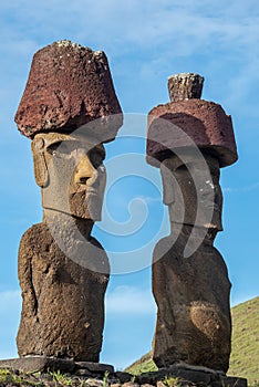Ahu Nao-Nao Moais statues at Anakena beach at Easter Island, Rapa Nui National Park, Chile