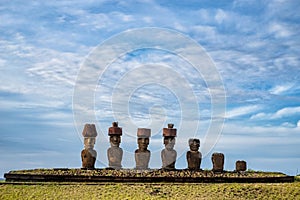 Ahu Nao-Nao Moais statues at Anakena beach at Easter Island, Rapa Nui National Park, Chile