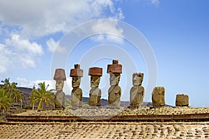 Ahu Nau Nau Moai Statues, Anakena Beach, Easter Island, Chile.