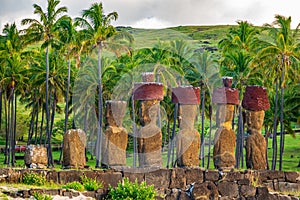 Ahu Nau Nau rear view against palm trees, Rapa Nui