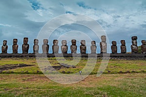 Ahu Tongariki on Easter Island or Rapa Nui. Fifteen Moai statues in Polynesian Chile