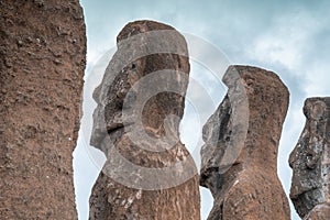 Ahu Tongariki on Easter Island or Rapa Nui. Fifteen Moai statues in Polynesian Chile