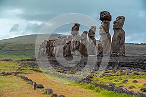 Ahu Tongariki on Easter Island or Rapa Nui. Fifteen Moai statues in Polynesian Chile