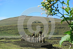 Ahu Tongariki Moai Ruin with Poike volcano on background, Easter Island or Rapa Nui, Chile