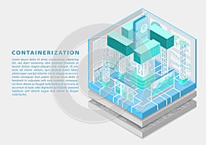 Application containerization and modular software development concept with symbol of smartphone and containers as isometric vecto photo