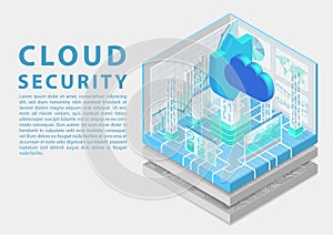Cloud computing security concept with symbol of floating cloud and shield as isometric 3d vector illustration