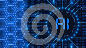 AI - Abstract Artificial Intelligence background with blue lettering - 4-digit binary code behind information connecting lines
