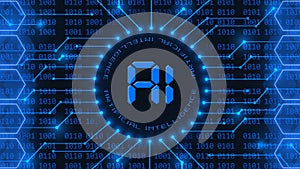 AI - Abstract Artificial Intelligence background with blue lettering - 4-digit binary code behind information connecting lines