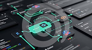 AI Agent Flowchart With Digital Interfaces And Code Snippets