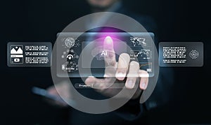 Futuristic artificial intelligence assistant interface with touch command data visualization. AI agent technology, automation,