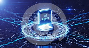 AI Agent Processor Chip Futuristic Technology Blue Digital Network Concept