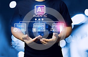 ai agents concept with a man holding artificial intelligence agentic technology