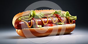 Ai, AI Generated Closeup Hot dog with grilled sausage in bun with sauces and lettuce isolated on dark background. HotDog