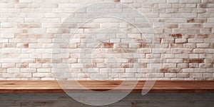 Ai, AI Generated Empty Wood shelf on white brick wall background. Blank top of natural wooden table for product display