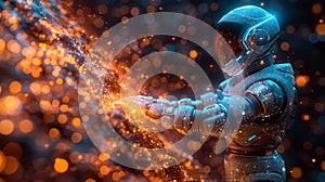 AI alchemist transforming raw data into a golden stream of knowledge