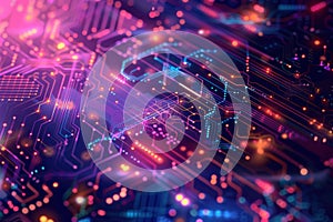 AI algorithm abstract background with digital patterns, circuits, and codes.