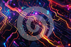 AI algorithm abstract background with digital patterns, circuits, and codes.