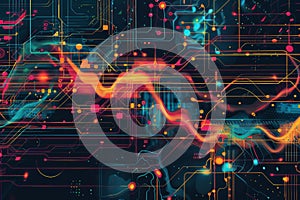 AI algorithm abstract background with digital patterns, circuits, and codes.