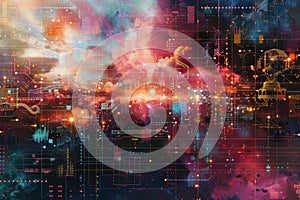 AI algorithm abstract background with digital patterns, circuits, and codes.