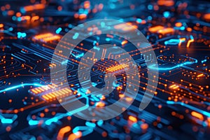 AI algorithms abstract background with neural networks, circuits, and data flow.