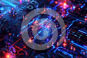 AI algorithms abstract background with neural networks, circuits, and data flow.