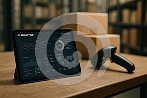 AI analytics dashboard on a tablet in a warehouse, used for tracking logistics performance, data visualization, and intelligent