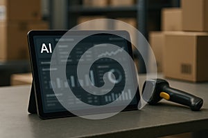 AI analytics dashboard on a tablet in a warehouse, used for tracking logistics performance, data visualization, and intelligent