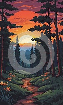AI-Art: Forest Aflame: Pixel Sunset Mobile Background photo