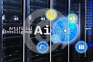 AI, Artificial intelligence, automation and modern information technology concept on virtual screen