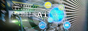 AI, Artificial intelligence, automation and modern information technology concept on virtual screen