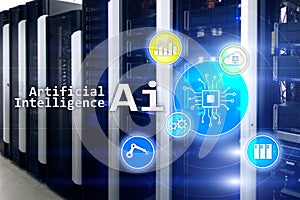 AI, Artificial intelligence, automation and modern information technology concept on virtual screen