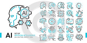 AI Artificial intelligence blue line icon set AI technology concept more, 256x256 pixel perfect icon vector, editable stroke]