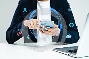 AI Artificial Intelligence. Business woman using AI technology for data analysis, coding computer language. Chat bot Chat