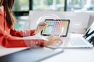 AI Artificial Intelligence. Business woman using AI technology for data analysis, coding computer language