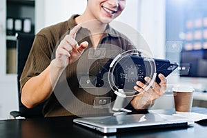 AI Artificial Intelligence. Business woman using AI technology for data analysis, coding computer language. Chat bot Chat