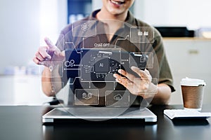 AI Artificial Intelligence. Business woman using AI technology for data analysis, coding computer language. Chat bot Chat