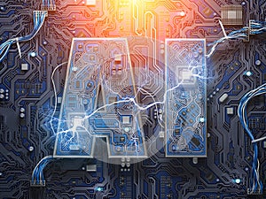 AI, Artificial Intelligence. Computer chips with CPU in form of