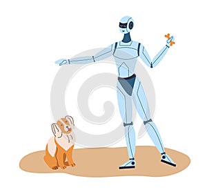 AI and artificial intelligence concept. A robot trains a dog. photo