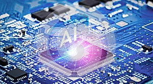 AI artificial intelligence concept, Close up of microprocessor with AI interface glowing on computer motherboard background