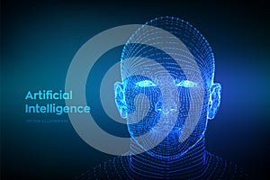AI. Artificial intelligence concept. Ai digital brain. Abstract digital human face. Human head in robot digital computer