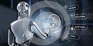 Ai Artificial intelligence concept neural network. Robot pressing button on screen 3d render