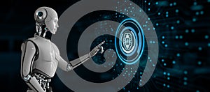 Ai Artificial intelligence concept neural network. Robot pressing button on screen 3d render