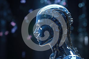 AI artificial intelligence concept. Portrait of a futuristic humanoid robot on dark background. Generative AI