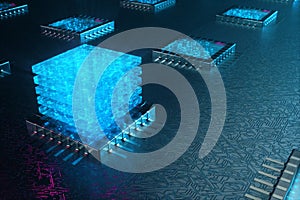 AI - artificial intelligence CPU concept. Machine learning. CPU on the board with glow tracks. Background scientific