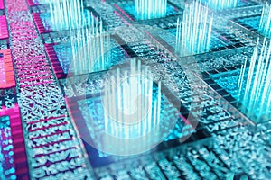 AI - artificial intelligence CPU concept. Machine learning. CPU on the board with glow tracks. Background scientific