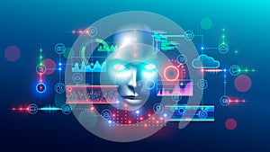 AI. Artificial intelligence. Cyborg Face looks at virtual interface and analyzes data information. Neural network. Cloud computing